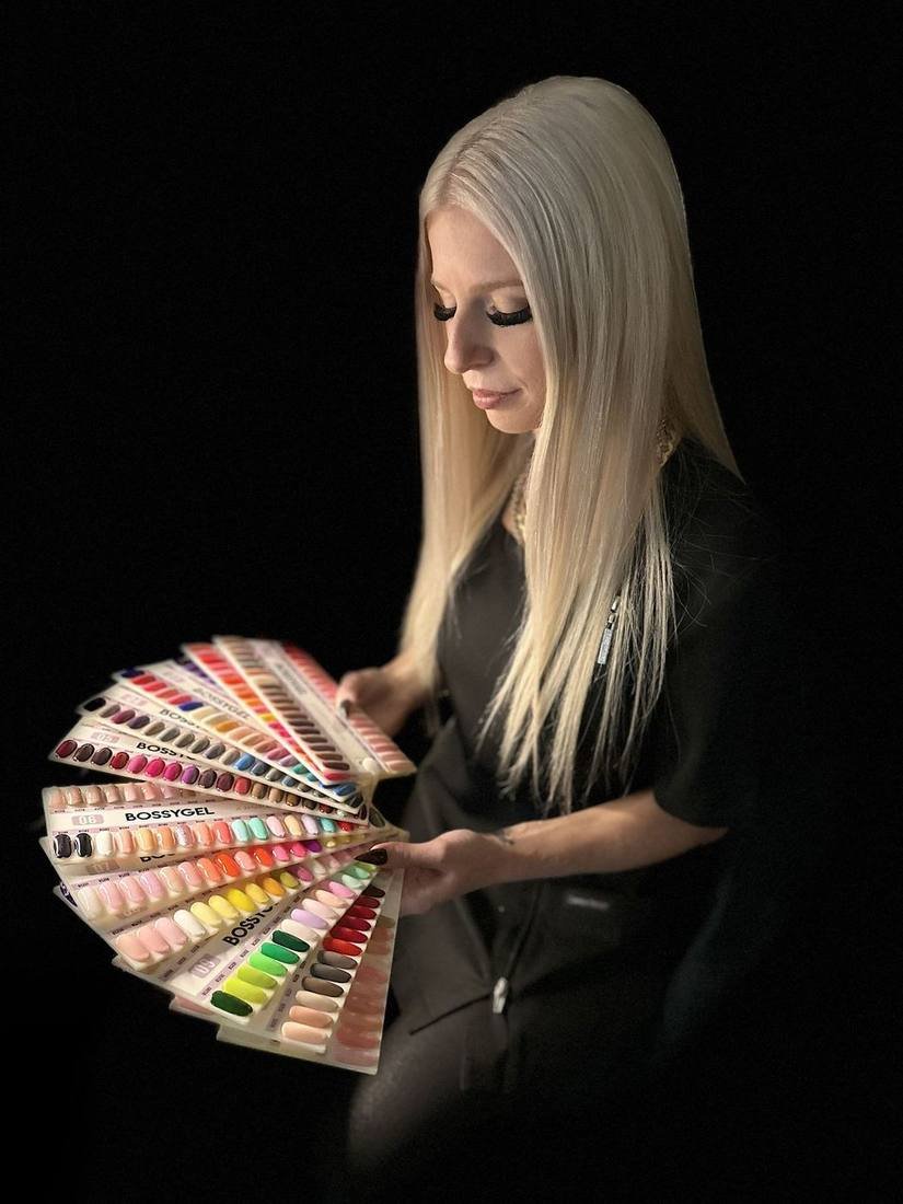 Michelle Mallet with nail polish colour swatches at Maria Hair Design